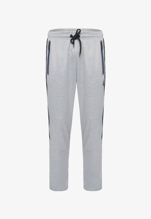 Grå sweatpants lavet af blødt stof, med to lynlåslommer, justerbar talje med snor og sorte sideakcenter.