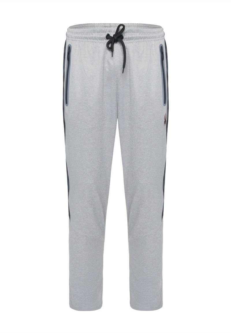 Pantalones de chándal grises hechos de una tela suave, con dos bolsillos con cremallera, una cintura ajustable con cordón y acentos laterales negros.