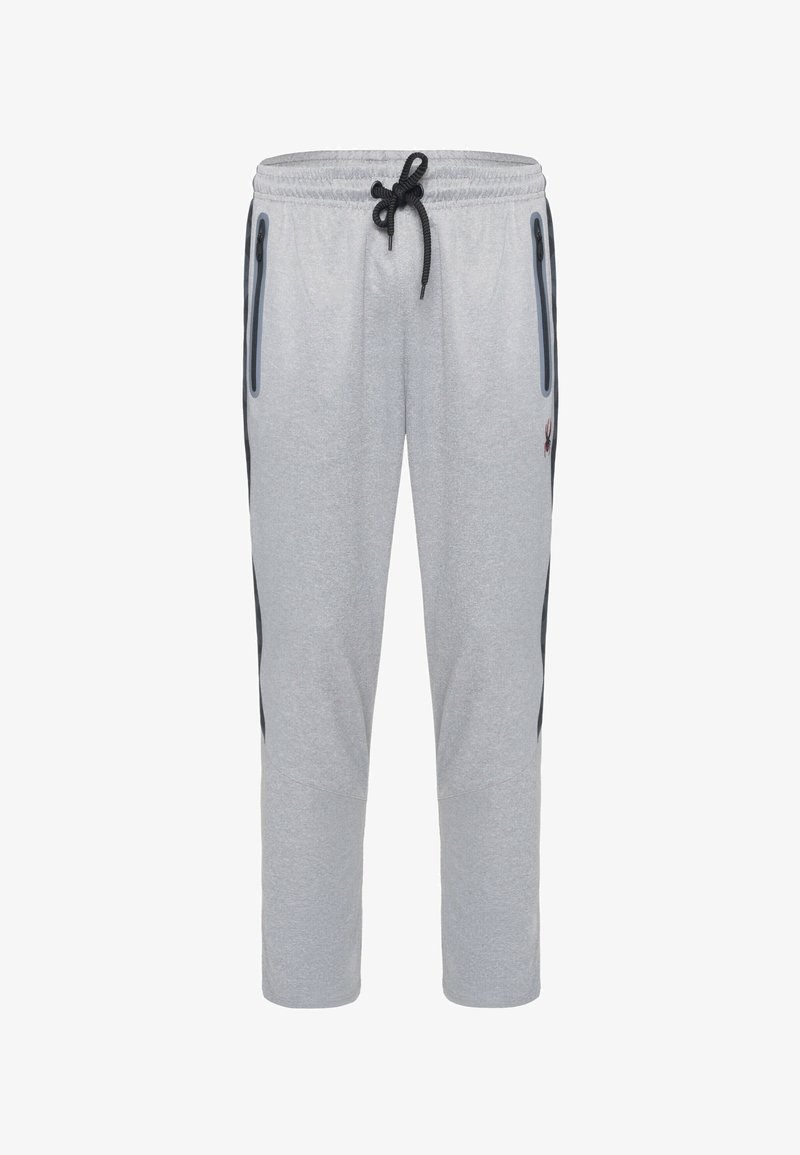 Graue Sweatpants aus weichem Stoff, mit zwei Reißverschlusstaschen, einem Kordelzugbund und schwarzen seitlichen Akzenten.