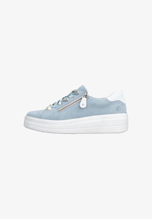Light blue casual sneaker with white thick sole, side zipper, and floral-patterned laces, shown from the outer side.