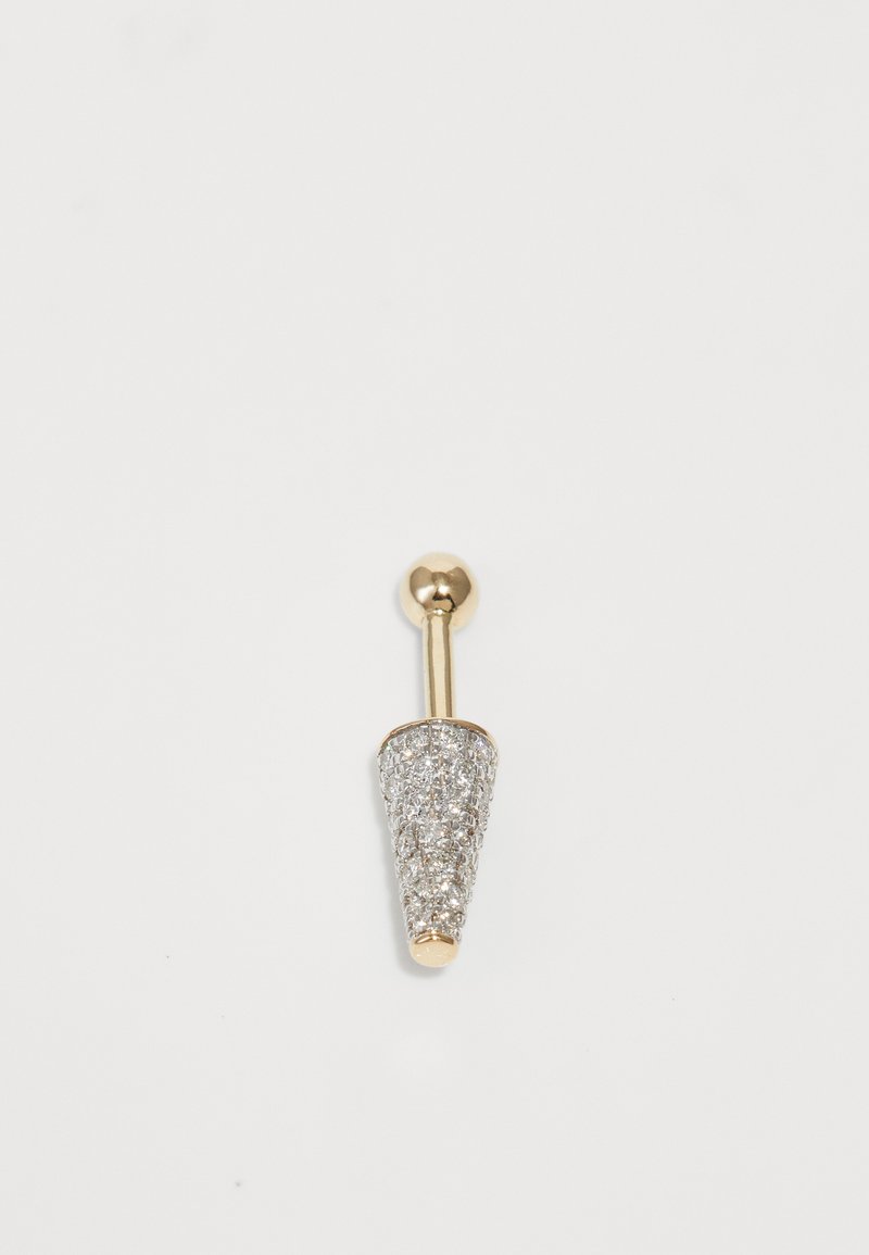 Gold-toned earring with a cone-shaped design, featuring a textured surface adorned with clear rhinestones, and a smooth ball top.