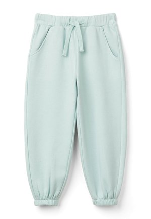 Pantaloni jogger blu chiaro con vita elasticizzata, cordoncino, tasche laterali e polsini elastici alle caviglie.