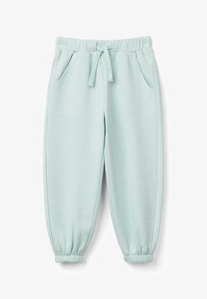 Jasnoniebieskie spodnie dresowe z elastycznym pasem, sznurkiem do regulacji, bocznymi kieszeniami i elastycznymi mankietami przy kostkach.
