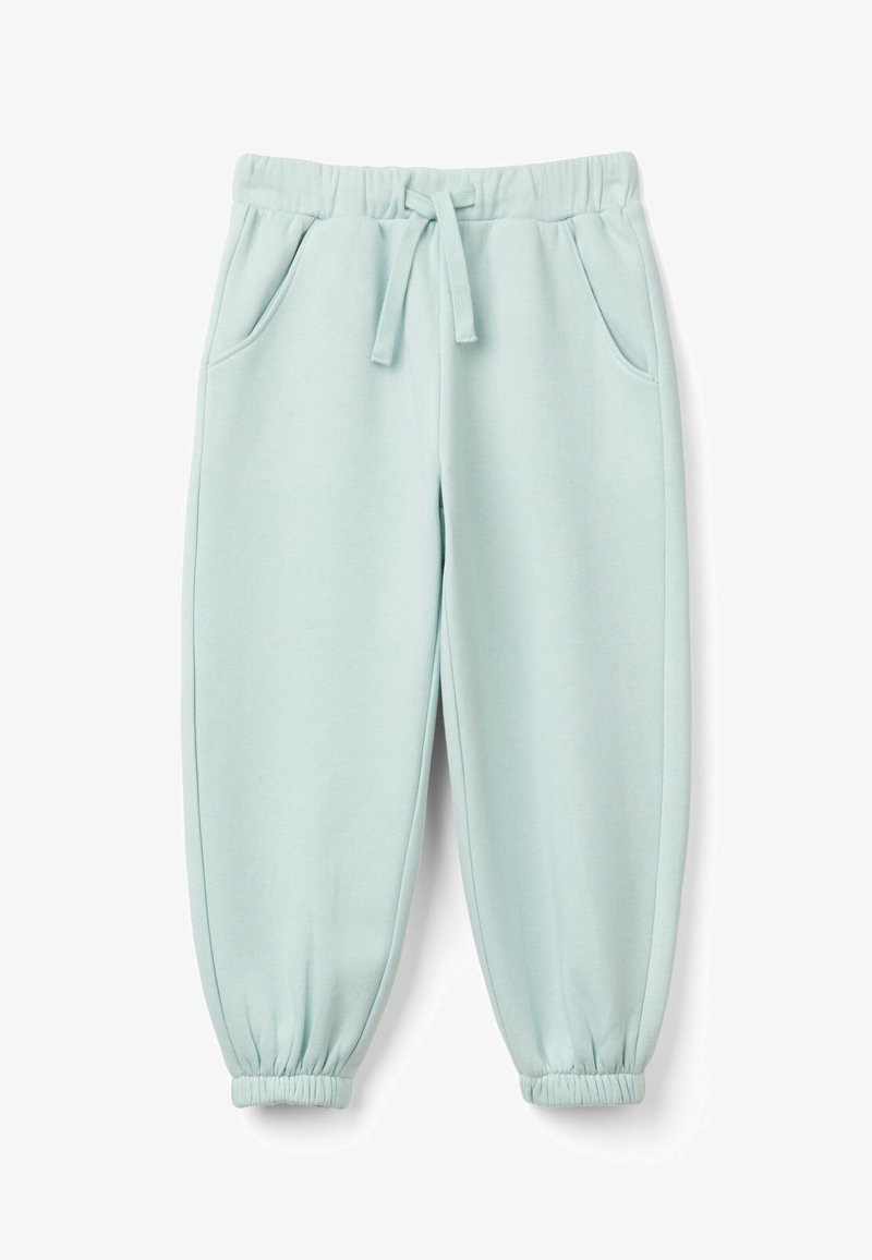 Pantaloni jogger blu chiaro con vita elasticizzata, cordoncino, tasche laterali e polsini elastici alle caviglie.