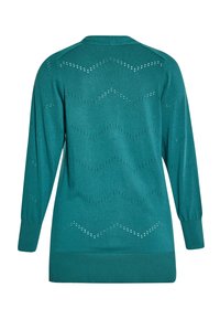 Teal színű kötött pulóver, cikkcakk mintával és lyukacsos részletekkel, bordás mandzsettákkal és szegéllyel. Hátulnézet hosszú ujjú, laza fazonban.