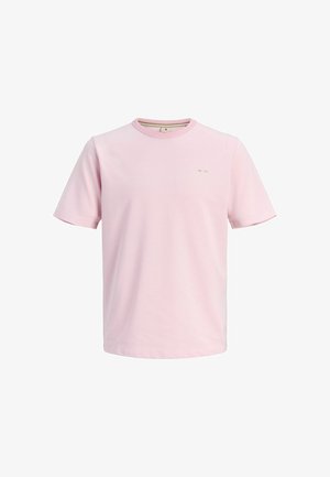 T-shirt à manches courtes en coton rose clair avec encolure ronde et marquage minimal sur la poitrine. Texture lisse et coupe standard.