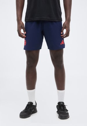 Man draagt marineblauwe sportshorts met rood Adidas-logo, zwarte sneakers, witte sokken en een zwart T-shirt, staand tegen een effen achtergrond.