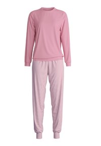 Zacht roze langemouwen top en bijpassende lichtroze gestreepte broek met opgerolde enkels, ontworpen als een gezellige lounge-outfit.