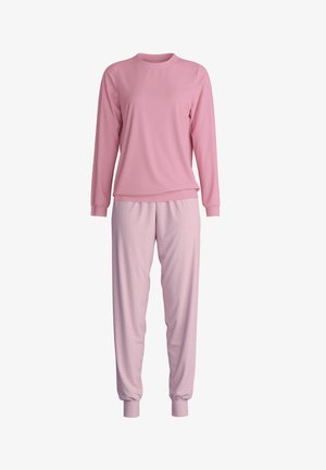Soft pink long-sleeve top and matching light pink striped pants with cuffed ankles, designed as a cozy loungewear set.