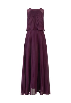 Faltendes langes Kleid in tiefem Lila mit einem ärmellosen, geschichteten Oberteil und fließendem Rock. Hergestellt aus einem leichten Stoff, mit einem runden Ausschnitt.