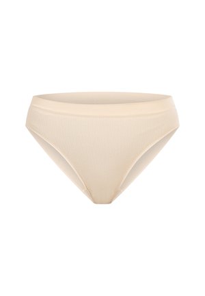 Beige geribbelde bikinionderkant met een lage tailleband en subtiele zij naden, gemaakt van rekbaar, soepel materiaal voor comfort.