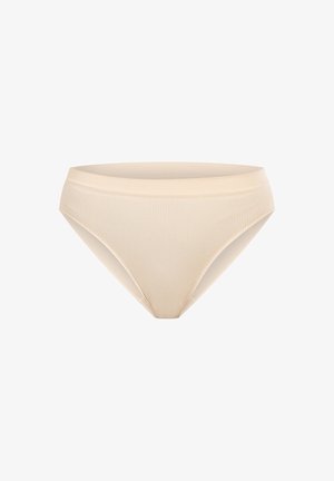 Beige geribbelde bikinionderkant met een lage tailleband en subtiele zij naden, gemaakt van rekbaar, soepel materiaal voor comfort.