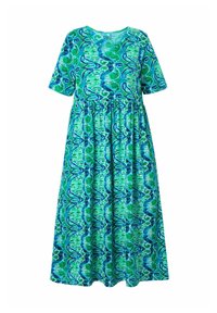 Maxikleid in einem blauen und grünen abstrakten Muster, kurze Ärmel, runder Ausschnitt, elastischer Taillenbund, mit einem fließenden Rock und weichem Stofftextur.