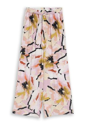 Loose wide-leg pants with an abstract floral pattern in pink, beige, mustard, black, and orange, featuring a matching fabric belt at the waist.