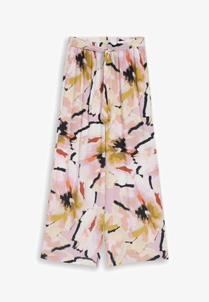 Pantalon ample à jambes larges avec un motif floral abstrait en rose, beige, moutarde, noir et orange, avec une ceinture en tissu assortie à la taille.