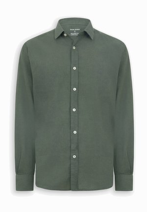 Camisa de hombre verde oliva de manga larga, mezcla de lino, con botones blancos en la parte delantera y cuello clásico.