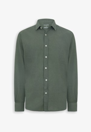 Camisa de hombre verde oliva de manga larga, mezcla de lino, con botones blancos en la parte delantera y cuello clásico.