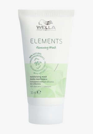 Wella Professionals Elements Renewing Mask i en 30 ml tube. Hvid med grønne accenter, prydet med bladmønstre og klar etikettering.