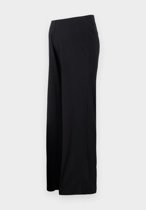 Black ribbed wide-leg pants with a high waistband. Fabric has a smooth texture, featuring stitched details on the sides.