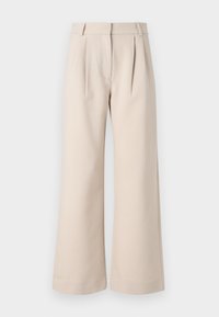 Beige wide-leg trousers with pleated front, made of lightweight fabric. Features a high waist and streamlined silhouette for a relaxed fit.