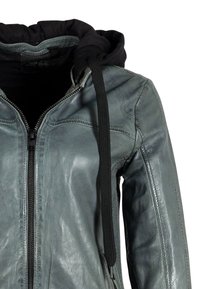 Green leather jacket with a black hood, zip closure, and textured finish. Features subtle stitching details and a structured design.