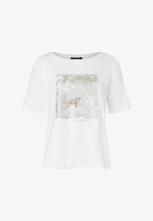 Weißes T-Shirt mit kurzen Ärmeln, das ein Grafikdesign eines Tigers auf einem strukturierten Hintergrund zeigt, mit dem Text "Dschungelleben" darunter.
