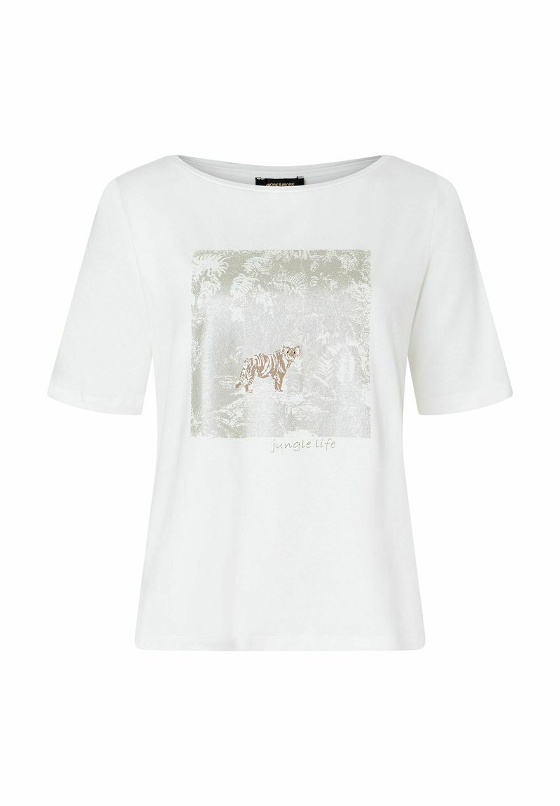 Weißes T-Shirt mit kurzen Ärmeln, das ein Grafikdesign eines Tigers auf einem strukturierten Hintergrund zeigt, mit dem Text "Dschungelleben" darunter.