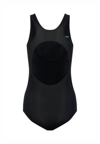 Maillot de bain une pièce noir avec un décolleté arrondi, des bretelles larges et un détail découpé sur les côtés. Fabriqué en tissu lisse et extensible.