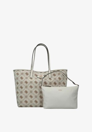 Sac fourre-tout avec un extérieur beige et marron à motifs, doté de deux poignées robustes et d'un logo en accent ; comprend une petite pochette assortie.