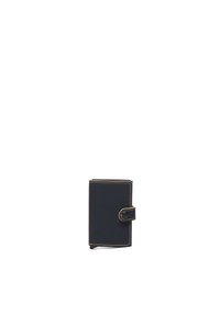 Portafoglio blu navy con cuciture gialle, forma rettangolare, chiusura a pulsante a scatto e superficie liscia; nessun motivo o accento visibile.
