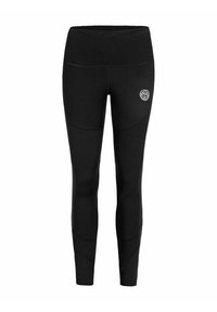 Leggings negros con una tela suave y elástica. Presentan una cinturilla ancha y un pequeño logotipo en blanco en la cadera izquierda. Detalles de costura curvada.