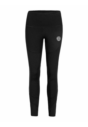 Zwarte leggings van een gladde, elastische stof. Voorzien van een brede tailleband en een klein logo in het wit op de linkerheup. Gebogen naadtoeren.