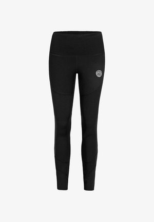 Zwarte leggings van een gladde, elastische stof. Voorzien van een brede tailleband en een klein logo in het wit op de linkerheup. Gebogen naadtoeren.