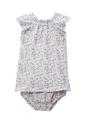 Robe pour bébé à fleurs avec manches courtes en forme de casquette, tissu léger en coton, fond lavande, marguerites blanches, centres orange et feuilles vertes.