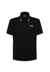Polo shirt nero in cotone con colletto a piatto, patta con tre bottoni e strisce bianche sul colletto e sulle maniche. Logo EA7 sul petto.