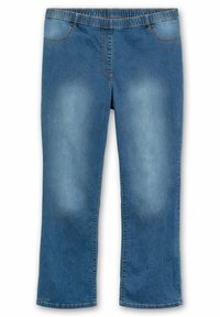 Pantalones de mezclilla azul con una textura suave, que cuentan con una cinturilla elástica, bolsillos frontales y un diseño de pierna recta. Áreas desgastadas añaden detalle.