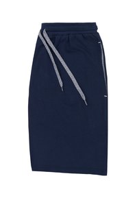 Navy blauwe rok gemaakt van zachte stof met een trekkoord in de taille, met zijzakken en een recht gesneden ontwerp.