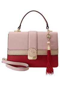 Strukturalna torebka w kolorze różowym, beżowym i czerwonym, wykonana ze skóry. Posiada złoty zamek, frędzel oraz odpinany pasek na ramię. Prostokątny kształt.