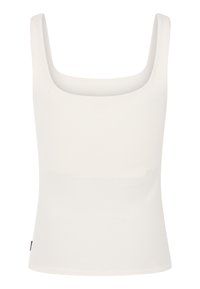 Hvid ribbet tanktop med firkantet udskæring, smalle stropper og tætsiddende silhuet. Fremstillet af strækbart bomuldsblanding.