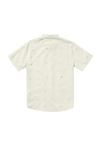 Košile s krátkým rukávem v off-white látce s světle modrými geometrickými vzory. Disponuje špičatým límcem a zakřiveným lemem.