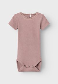 Short-sleeved baby bodysuit in soft, ribbed mauve fabric. Features scalloped neckline and snap closures at the bottom for easy dressing.