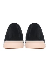 Paire de baskets noires sans lacets avec semelles beige clair vues de dos sur un fond blanc.