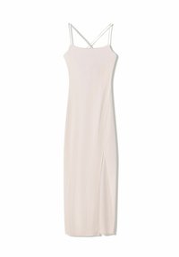 Maxikleid in hellbeige, aus strukturiertem Rippstoff, mit Spaghetti-Trägern und einem seitlichen Schlitz für zusätzliche Details.