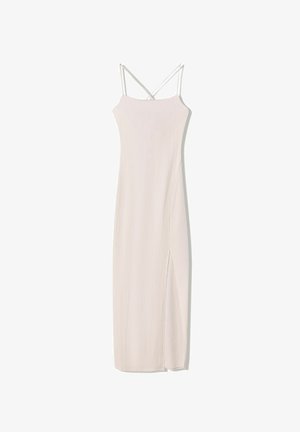 Robe maxi de couleur beige clair, en tissu côtelé texturé, avec des bretelles spaghetti et une fente sur le côté pour plus de détail.