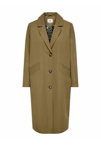 Cappotto lungo marrone con colletto a rotondo, chiusura con un singolo bottone e due tasche anteriori. Foderato con un sottile motivo a stampa leopardata.