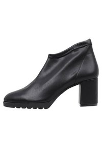 Black ankle boot made of smooth leather, featuring a chunky block heel, rounded toe, and textured sole for grip. Seam detailing on upper.