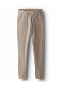 Beige stretch leggings met een elastische tailleband. Glad textuur en aansluitend ontwerp, met een toelopende pasvorm naar de enkel. Geen zichtbare patronen of hardware.