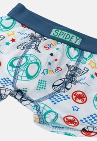 Boys' cotton underwear with a blue elastic waistband featuring a "SPIDEY" label. The fabric is white with colorful Spider-Man graphics.