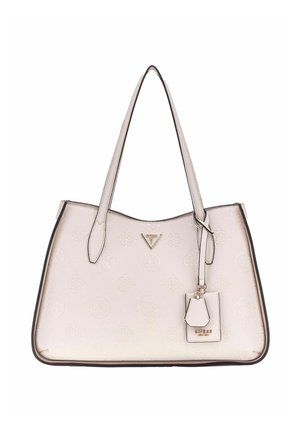 Borsa a tracolla in materiale sintetico testurizzato rosa chiaro, con parte superiore arcuata, rifiniture nere, logo in tonalità oro, charm staccabile, doppi manici.