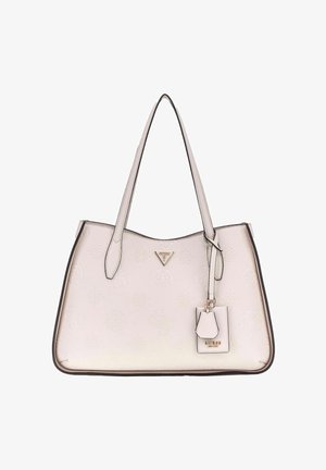 Borsa a tracolla in materiale sintetico testurizzato rosa chiaro, con parte superiore arcuata, rifiniture nere, logo in tonalità oro, charm staccabile, doppi manici.